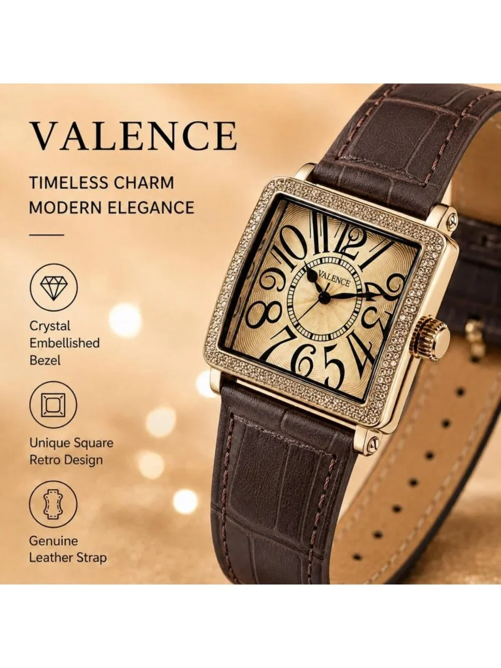 Women's Brown Easy Read Squares Face Roman Number Small Wrist Waterproof Watch